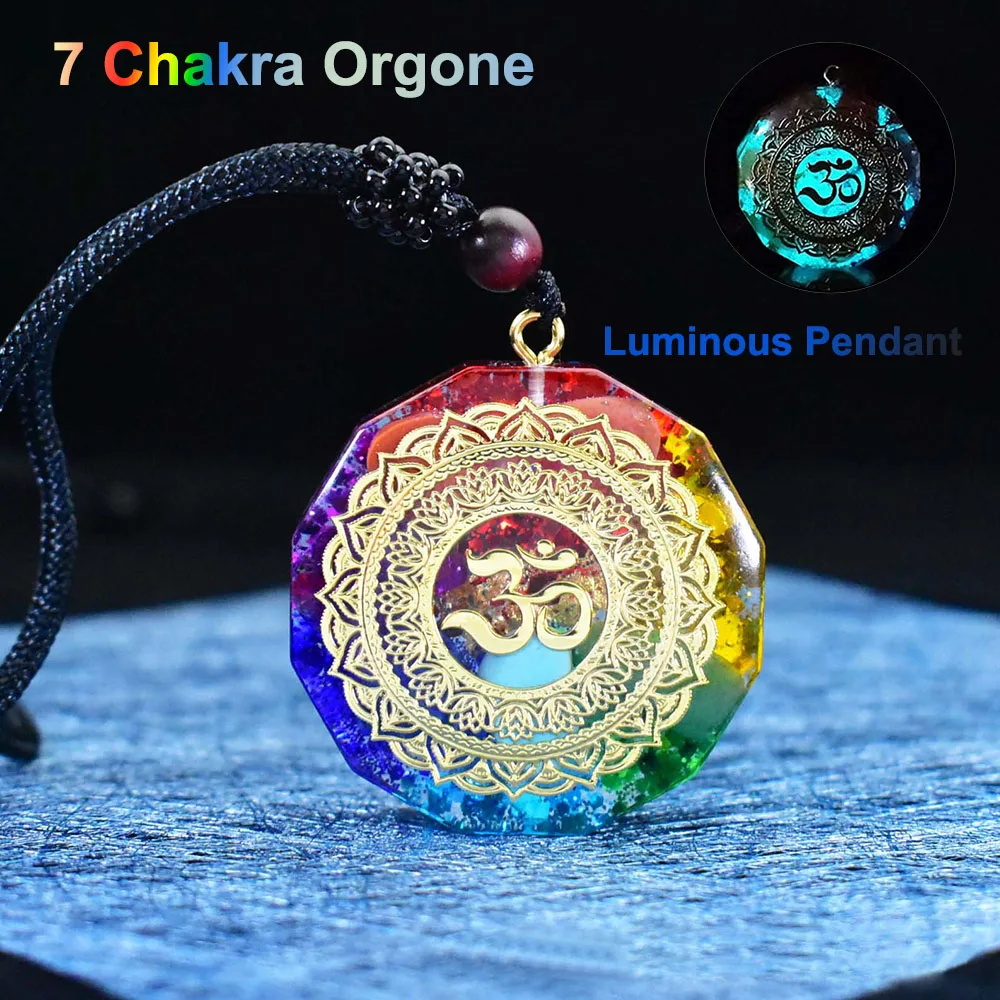 H1750dd1b3f36468d8512adffa54d7e75I.webp 7 Chakra Orgonite Pendant Om Symbol Luminous Necklace Healing Crystals Energy Generator for Reiki Meditation Jewelry 1.38 inch