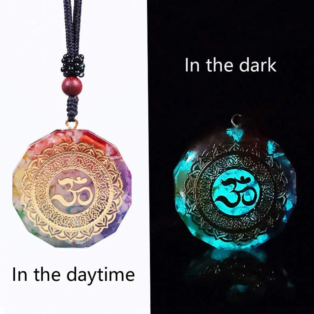 H1c3da9f0829e47d2889eac2d9d383924K.webp 7 Chakra Orgonite Pendant Om Symbol Luminous Necklace Healing Crystals Energy Generator for Reiki Meditation Jewelry 1.38 inch