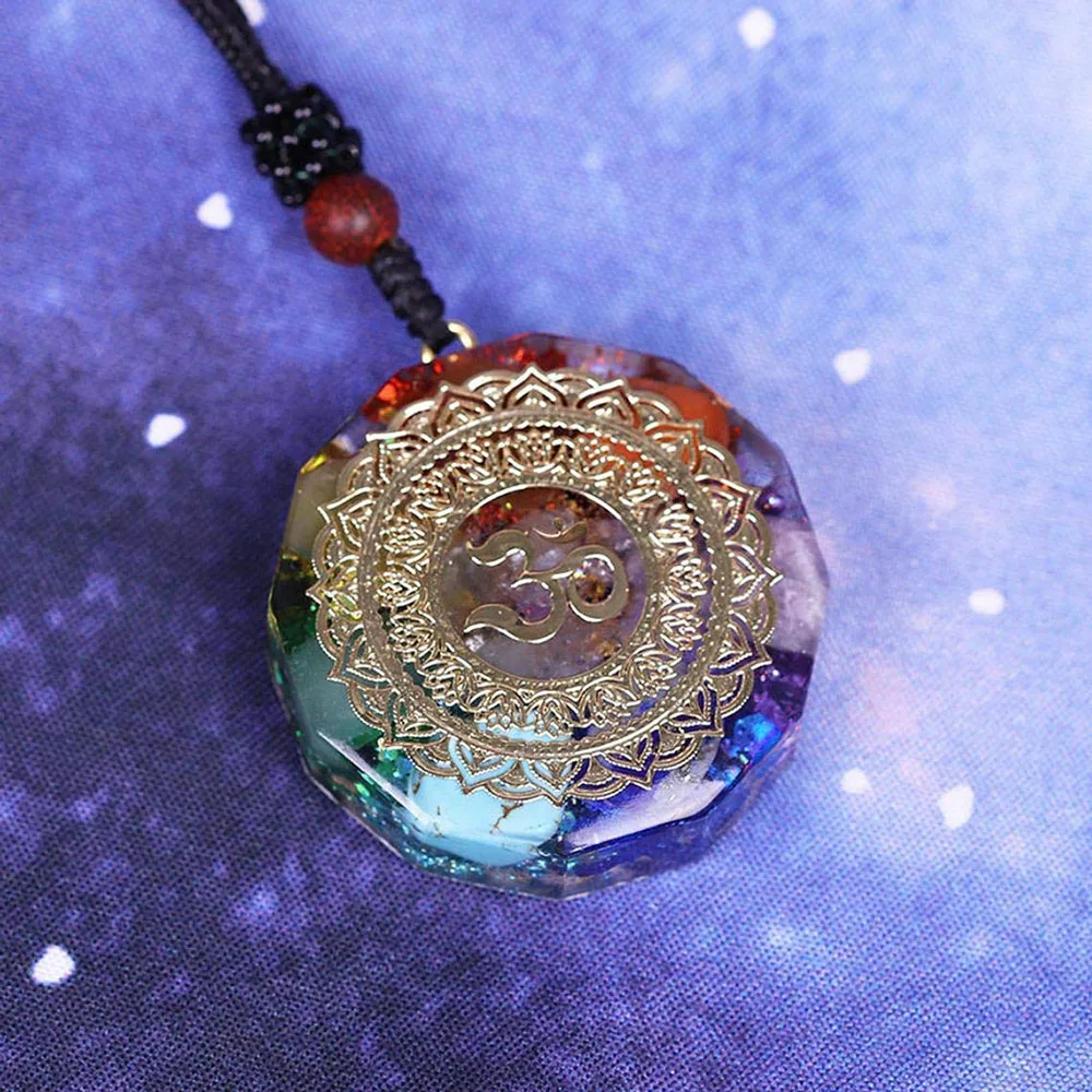 H861ceaec8e6143439f0d612feca64a411.webp 7 Chakra Orgonite Pendant Om Symbol Luminous Necklace Healing Crystals Energy Generator for Reiki Meditation Jewelry 1.38 inch