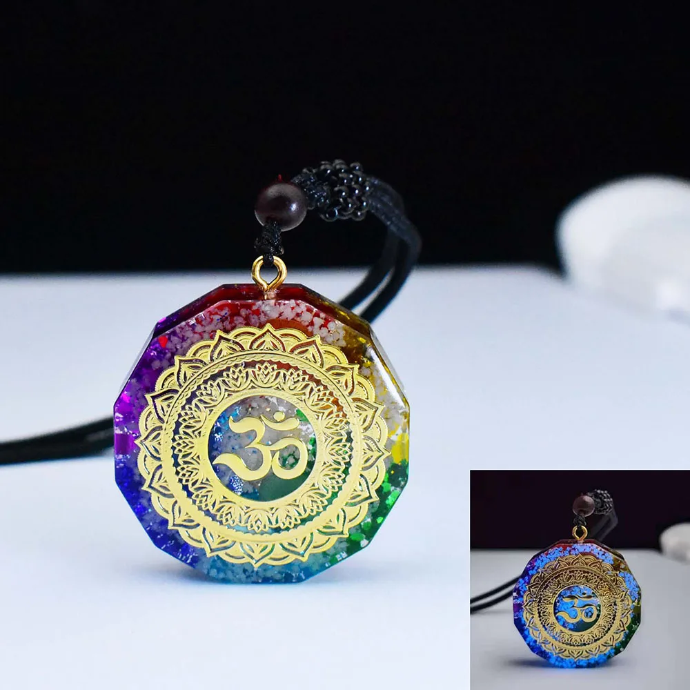 H96acd031075b4c76ada3f333df0ec1987.webp 7 Chakra Orgonite Pendant Om Symbol Luminous Necklace Healing Crystals Energy Generator for Reiki Meditation Jewelry 1.38 inch