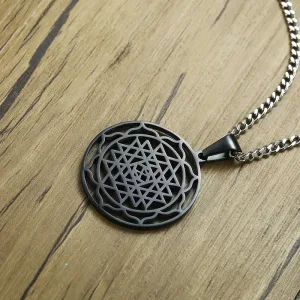 Men Sri Yantra Mandala Pendant Necklace in Black Lucky Charm Stainless Steel Blessed Energized Spiritual Jewelry 24 inch
