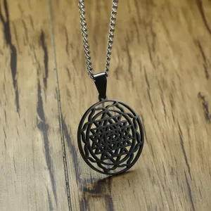 Men Sri Yantra Mandala Pendant Necklace in Black Lucky Charm Stainless Steel Blessed Energized Spiritual Jewelry 24 inch