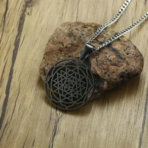 Men Sri Yantra Mandala Pendant Necklace in Black Lucky Charm Stainless Steel Blessed Energized Spiritual Jewelry 24 inch