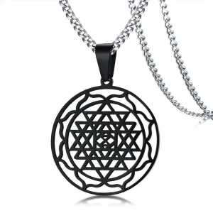 Men Sri Yantra Mandala Pendant Necklace in Black Lucky Charm Stainless Steel Blessed Energized Spiritual Jewelry 24 inch