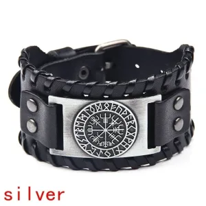 Retro Viking Compass Leather Bracelet – Nordic Rune Odin Men's Jewelry