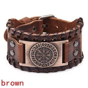 Retro Viking Compass Leather Bracelet – Nordic Rune Odin Men's Jewelry