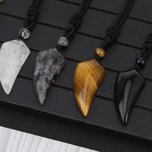 Natural Stone Wolf Shark Tooth Pendant Necklace for Man Men Amethyst Tiger eye Crystal Black Obsidian Labradorite Halloween H247