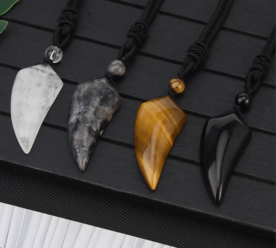 S114a5a8d267b425e9a71d72e39faa746q.webp Natural Stone Wolf Shark Tooth Pendant Necklace for Man Men Amethyst Tiger eye Crystal Black Obsidian Labradorite Halloween H247