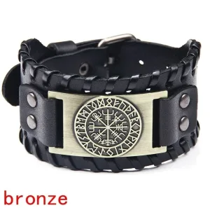 Retro Viking Compass Leather Bracelet – Nordic Rune Odin Men's Jewelry
