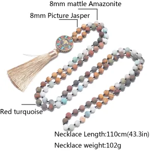 108 Mala Necklace – 8mm Natural Stone Beads with Six Character Pendant