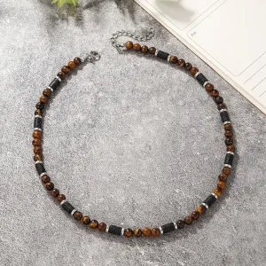 Men's Tiger Eye Stone Beaded Necklace – Wave Stitching Design