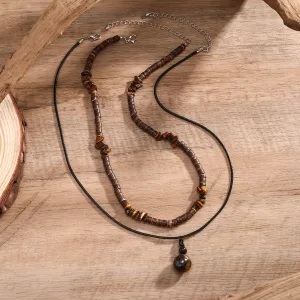 2Pcs Boho Round Stone Pendant Necklace Set – Men's Vintage Chokers