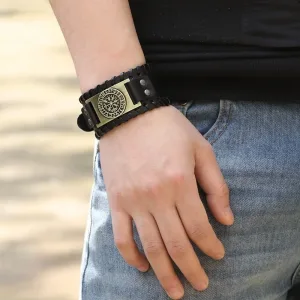 Retro Viking Compass Leather Bracelet – Nordic Rune Odin Men's Jewelry