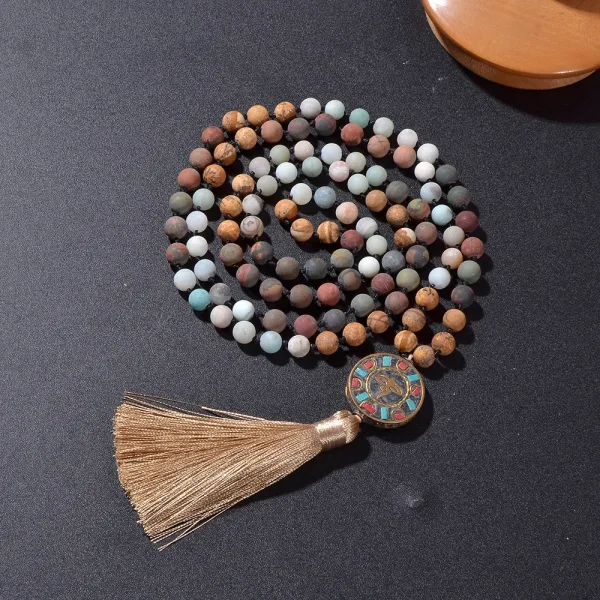 108 Mala Necklace – 8mm Natural Stone Beads with Six Character Pendant