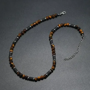 Men's Tiger Eye Stone Beaded Necklace – Wave Stitching Design