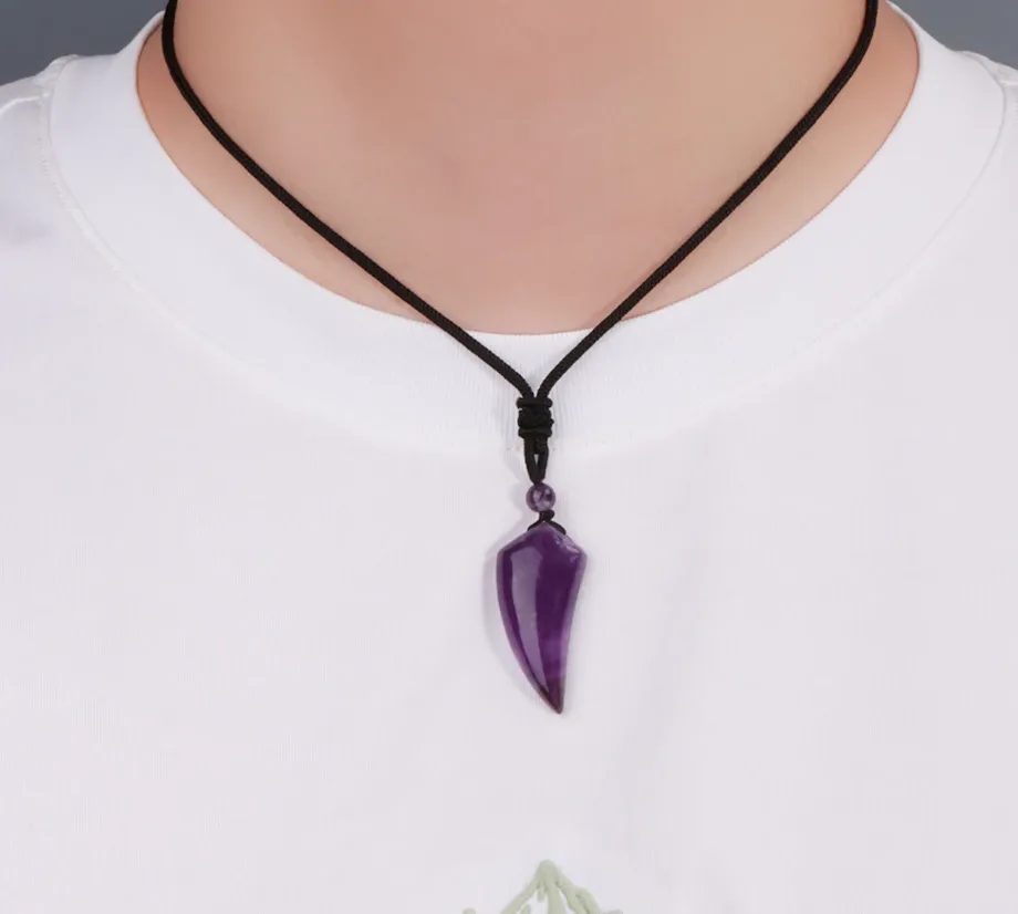 S65cb617f5a7545cc9ea54c98a4121852P.webp Natural Stone Wolf Shark Tooth Pendant Necklace for Man Men Amethyst Tiger eye Crystal Black Obsidian Labradorite Halloween H247