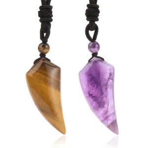 Natural Stone Wolf Shark Tooth Pendant Necklace for Man Men Amethyst Tiger eye Crystal Black Obsidian Labradorite Halloween H247