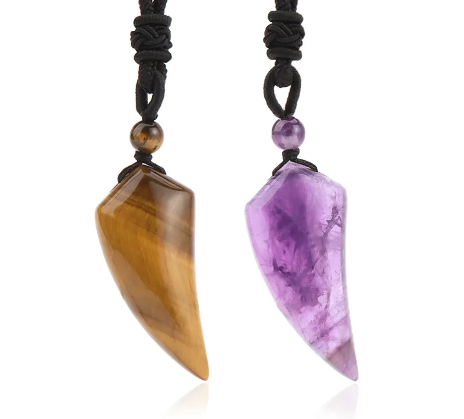 S6807971e4de54919a84e8a74939930e55.webp Natural Stone Wolf Shark Tooth Pendant Necklace for Man Men Amethyst Tiger eye Crystal Black Obsidian Labradorite Halloween H247