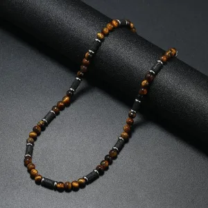Men's Tiger Eye Stone Beaded Necklace – Wave Stitching Design