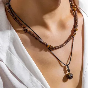 2Pcs Boho Round Stone Pendant Necklace Set – Men's Vintage Chokers