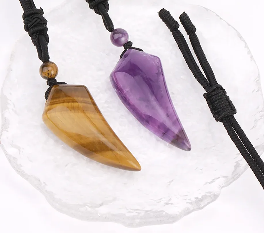 S83dce3bfa7824394a7149d5472cd9645E.webp Natural Stone Wolf Shark Tooth Pendant Necklace for Man Men Amethyst Tiger eye Crystal Black Obsidian Labradorite Halloween H247