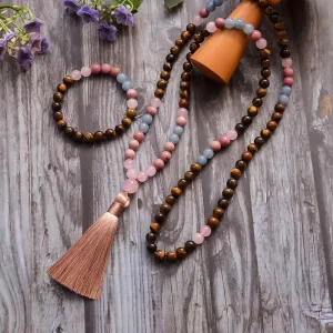 108 Mala Necklace – Tiger Eye, Rose Quartz, Aquamarine Beads