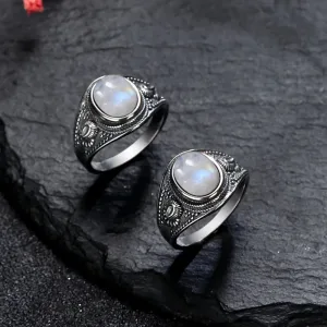 925 Sterling Silver Vintage Oval Ring – Black Onyx/Rhodochrosite