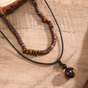 2Pcs Boho Round Stone Pendant Necklace Set – Men's Vintage Chokers
