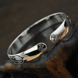 Retro Silver Lotus Flower Bracelet – Ethnic Style Open Cuff Jewelry