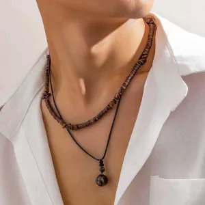 2Pcs Boho Round Stone Pendant Necklace Set – Men's Vintage Chokers